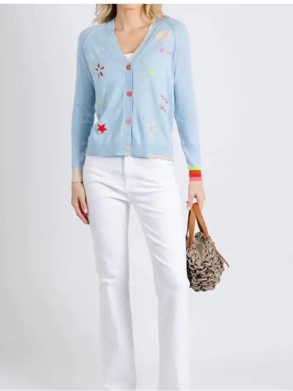 Light Blue Embroidered Cardigan - Women's Casual Button-Front Sweater